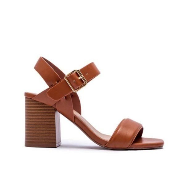 !! NEW !! Vegan Leather Ankle Strap Block Heels in Tan - Picture 2 of 8